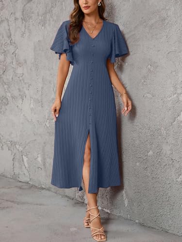 Image of Shasmi Girl's & Women's Pleated Midi Dress with Flutter Sleeves | V-Neck Western Dress for Women | Elegant A-Line Summer Outfit | Office & Casual Wear (Dress 244)