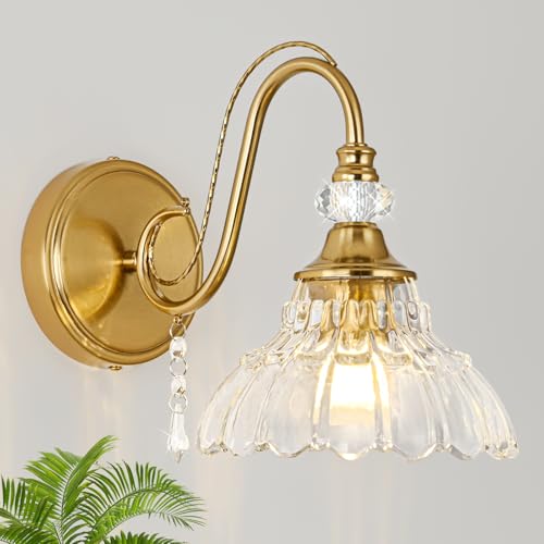 Image of 1 Piece Vintage Wall Sconce, 1-Light Brushed Gold Finish Wall Sconce with Hanging Crystal Accents and Flower-Shaped Clear Shades for Bathroom Bedroom Living Room,Vintage Vanity Light