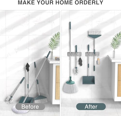 Image of Enclave Stainless Steel Mop and Broom Holder Wall Mounted Adhesive Storage Solutions for Broom mop etc, Garage Storage Systems Broom Organizer. (2 RACK 1 HOOK /SILVER, PACK OF 2)