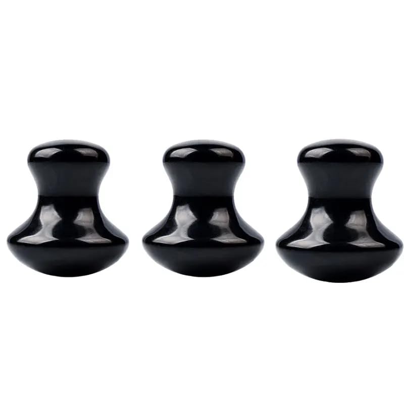 Lot de 3 outils en jade en forme de champignon - Quartz rose naturel - Pierre de jade Gua Sha - Pour le visage, les yeux, le cou - Grattoir pour la peau - Soin des pieds - Noir