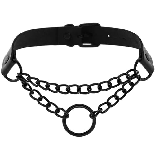 Gothic Black Leather Ring Chain Choker Collar for Women, 2 Pcs Collar Body Chains Belt Punk Emo Accessories Set for Cosplay2