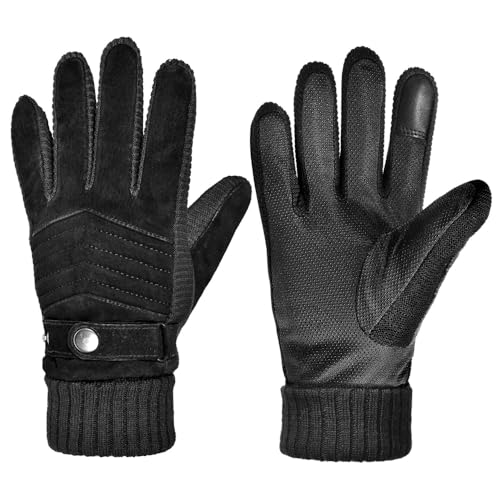 Harssidanzar Men's Pigskin Winter Gloves, Fleece Lining, Black