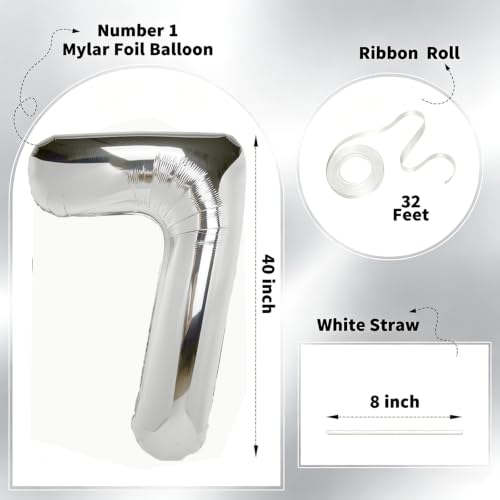 Image of Number Balloons Silver Party Balloon - Giant Number 7 Balloon, 40 Inch Large Balloon for Birthday Decorations, Silver Party Supplies for Anniversary