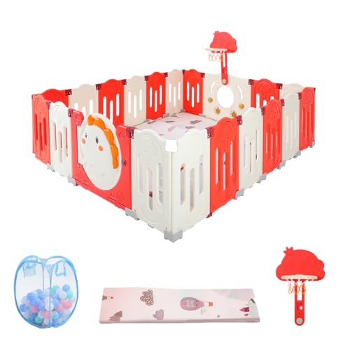 FAHKNS Baby Playpen, Foldable Baby Playen with 18 Panel, Seamless Adjustable Playard with Mat, External Door Lock to Prevent Accidental Opening, Indoor, Outdoor