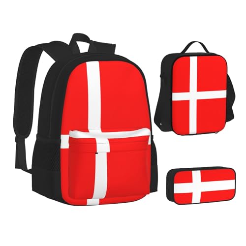 Denmark Danish Flag Print 3-Piece Set Backpack, Lunch Bag And Pencil Case, For Travel, College, And Daily Use2
