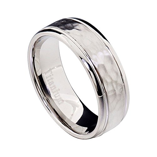 Flamereflection 8Mm Men's Titanium Ring Wedding Band Hammered & Grooved Polish Edge Grooved Size 13.5 #TOP1