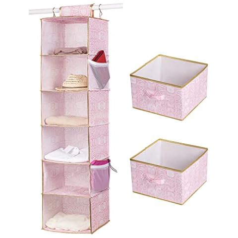 Closet Hanging Organizer Storage Shelves-Hanging Shelves for Closet 6-Shelf with 2 Drawers and Side Pockets,Height Adjustable Walk in Closet Organizer and Storage,for Nursery/Kids/RV/Camper/Dorm(Pink) Cover