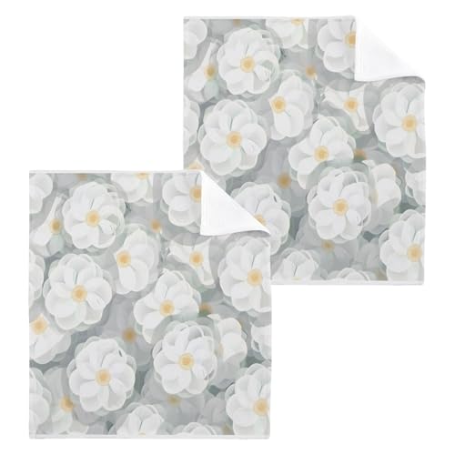 ALAZA Wash Cloth Set 100% Cotton Fingertip Towels Face Cloths Sets White Camellia Flowers Highly Absorbent Soft Feel Set of 2