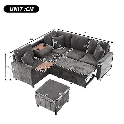 Miniatura 2 de Nadeusak Sofá Esquinero De Chenilla Con Función De Dormir, Gris 205 205 85 Cm, Sofá Extensible Con Taburete, Equipado Con Mesa Oculta, Mesa De Centro Plegable Con Dos Soportes Para Bebidas