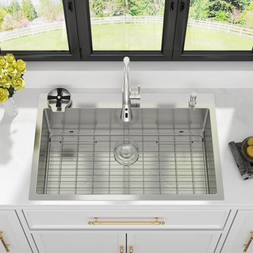 Image of Kichae 30 Drop In Kitchen Sink with Faucet Combo - Stainless Steel Sinks 30 x 22 Inch Topmount Overmount Single Bowl Handmade Basin with Accessories