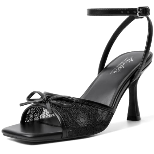 Image of Mostrin Chunky Heels for Women Round Open Toe Strappy Heeled Sandals Ankle Strap Dressy Block Low Heels for Party Wedding Prom Daily