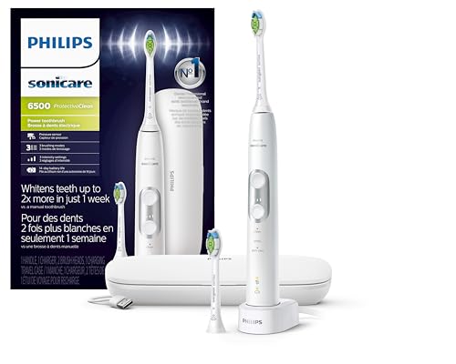 Philips Sonicare ProtectiveClean 6500 Rechargeable Electric Toothbrush, with Pressure Sensor, 3 Cleaning Modes, SmarTimer and QuadPacer, 14-Day Battery Life, Charging Travel Case, White, HX6462/05