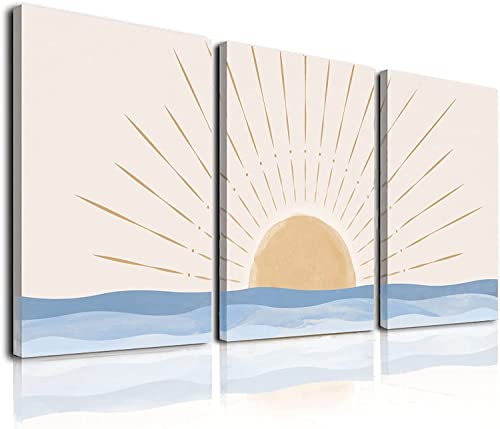 Image of Boho Minimalist Wall Art Set of 3, Framed Canvas Prints - Geometric Line Sunrise Designs, Modern Neutral Wall Art for Living Room, Bedroom, Bathroom, Office, Hotel