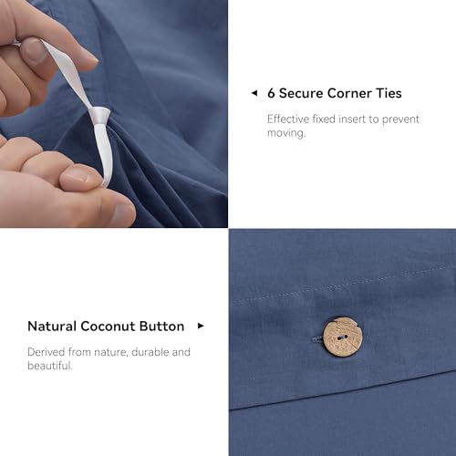 Image of JELLYMONI Cotton Duvet Cover King Size - Blue Comforter Cover with Button 100% Washed Cotton 3PCS Breathable Soft Solid Bedding Set Duvet Cover 104x90in & 2 Pillowcases (NO Comforter)