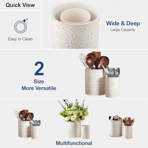 LOVECASA Utensil Holder, 7.2"+5.4" Ceramic Utensil Holder for Countertop, Large Cooking Utensil Crocks for Kitchen Counter, Farmhouse Utensil Vase for Housewarming, Kitchen Decor, Set of 2, Oasis by LOVECASA - Image 9
