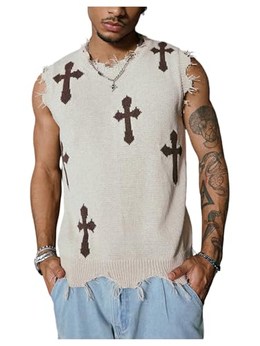Men's Cross Graphic Sweater Vest Gothic Vintage Ripped Sweater Vest Lightweight Crew Neck Knit Tank Tops Streetwear