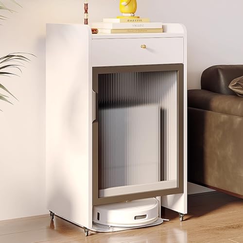 ksxnkhk Soporte de Almacenamiento Oculto con Ruedas para aspiradora, Puertas y cajones para Robot Aspirador, mesita de Noche portátil, para Cambio de Agua, Amplia Gama de usos (Blanco)
