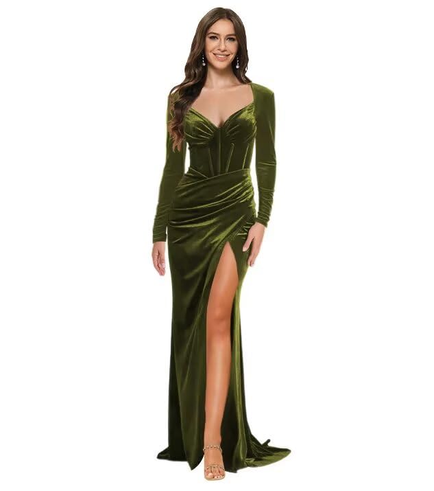 RSOETOO Velvet Bridesmaid Dresses for Women Long Sleeves V Neck Ruched Mermaid Long Formal Party Dresses with Slit RO186