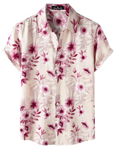 JEMITOP Men's Stylish Casual Printed Short Sleeve Button Down Shirts Summer Vacation Beach Tropical Hawaiian Shirt Pink Floral L