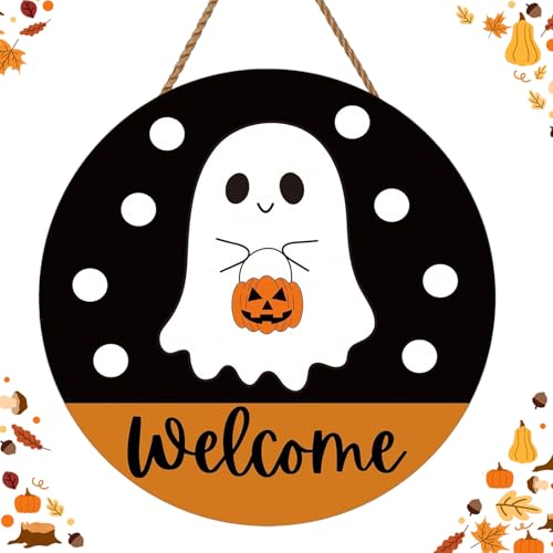Halloween Welcome Wooden Front Door Happy Polka Dot Ghost Hanger Sign...