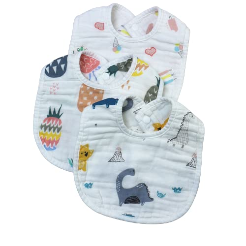 Image of BabyGo Muslin Baby Washcloths & Bibs Set | 100% Cotton, 8 Layer Cartoon Print, Soft, Gentle, Reusable & Absorbent Feeding Bibs & Towels for Newborns & Toddlers | Pack of 5 (Multicolor)
