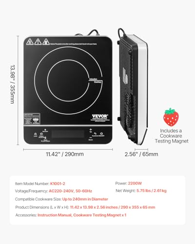 VEVOR Placa de Inducción Portátil, Quemador de Inducción Eléctrico de 2200 W con 9 Configuraciones de Temperatura, con Temporizador de 4 Horas, Reserva de 24 Horas, para Cocinar, 290 x 355 x 65 mm - imagen 7
