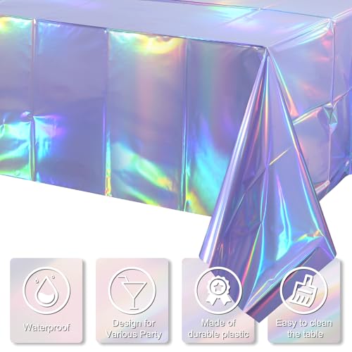 Image of 3 Pack Iridescent Light Purple Tablecloth for Parties, Pastel Purple Holographic Plastic Table Cover, Disposable Laser Purple Table Cloth for Birthday Wedding Baby Shower Party Decorations, 54x108Inch