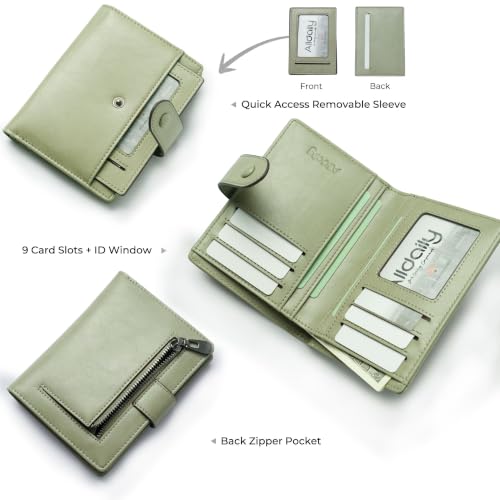 Image of Alldaily Small Slim RFID Blocking Leather Wallet for Women, Bifold with 10 Card Slots and Coin Pocket (Sage Green)