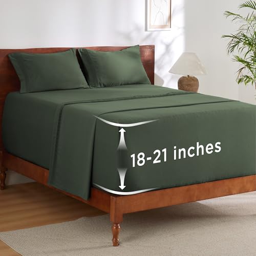 Image of Bedsure Deep Pocket Queen Sheets Set - Fits Mattresses Up to 21 Inches Thick - 4 Piece GentleSoft Bed Sheets, Moisture Wicking, Soft & Cooling Bedsheet & Pillowcases, Easy & Secure Fit, Olive Green