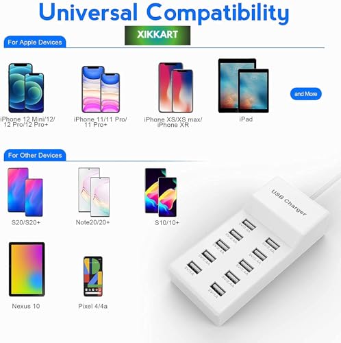 Image of USB Charger Hub, 10 Port Charging Station with Turbo Charging Auto Detect Technology Safety Guaranteed 10-Port USB Ports for Multiple Devices Smart Phone Tablet Smart Watch