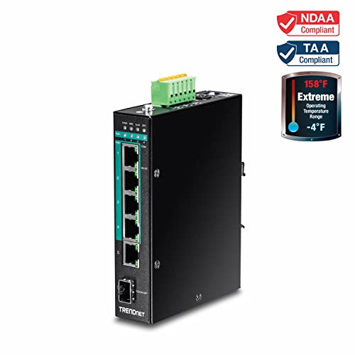 Image of TRENDnet 5-Port Hardened Industrial Gigabit PoE+ DIN-Rail Switch, 120W Power Budget, 1 x SFP Slot, IP30 Rated, Unmanaged Switch, Gigabit PoE+ Network Switch, Lifetime Protection, Black, TI-PG541