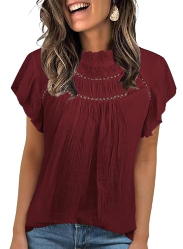 Blouses for Women Summer Tops 2025 Trendy Ruffle Sleeves Mock Neck T Shirts Pleated Front Loose Fit Work Blouse