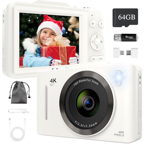 Cámara digital de 64 GB para niños, cámaras digitales 4K de 48 MP, cámara compacta con zoom digital de 16X, pantalla grande de 2.8 pulgadas, cámara digital de enfoque automático, mini cámara portátil