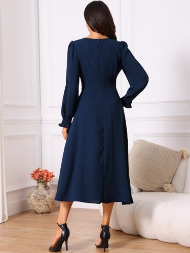 Image of Seta T Women's Fall Dress Frilled Long Sleeve A-Line Casual Midi Dresses | Crewneck, Smocked Cuff, Front Pleated, Pockets, Flowy and Lightweight, Party Elegant Outfit 2026