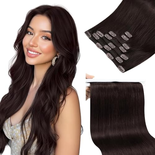 Image of Sunny Hair Clip in Hair Extensions Real Human Hair Dark Brown 16inch 135g | Brown Human Hair Clip in Extensions Give Natural Fullness, Balanced Coverage and Easy Everyday Styling For a Full Head