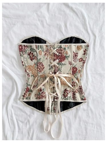 MakeMeChic Women's Floral Strapless Corset Top Vintage Lace Up Bustier Going Out Top2