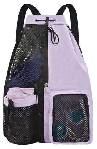 Mesh Swim Beach Bag Waterproof Gym Bags for Women and Men Large Pool Bag Swimming with Wet Pocket Gear Drawstring Gym Backpack (Purple)
