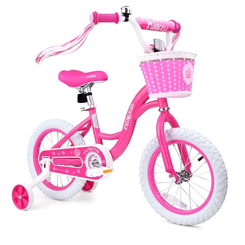 Image of Girls Bike for Toddlers Ages 2-5 Years, 12 14 16 Inch Princess Kids Bike with Training Wheels, Sparkling Frame, Basket, Streamers, Pink Pedal Bicycle, Birthday Gift