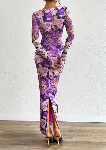 Image of PRETTYGARDEN Bodycon Maxi Dress 2025 Fall Floral Long Sleeve Sexy Mesh Cocktail Wedding Guest Long Dresses