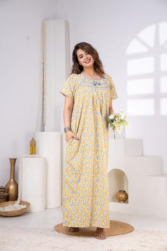 Image of DIAMO Pure Cotton Designer Nighty for Women | Night Gown | Nightdress | Maxi Nighty | Sleepwear | Jaipuri Nighty | Nighties | Cotton Night Gown for Women /Girls with Jaipuri Block Print