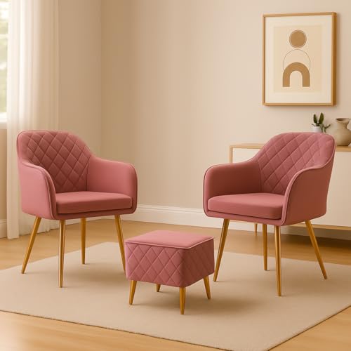 Image of Barfi Velvet Dining Chair | Set of 2 Premium Modern Upholstered Accent Chair with Armrest, Padded Seat and Metal Legs | Comfy Chair for Home, Office & Restaurents | (Onion Pink with Puffy)