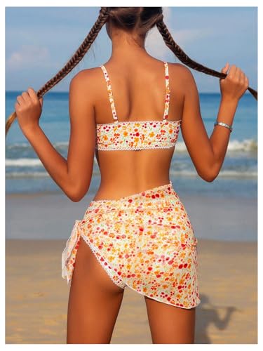 OYOANGLE Girl's 3 Piece Swimsuit Floral Print V Neck Spaghetti Strap Bikini Set with Beach Cover Up Skirt3