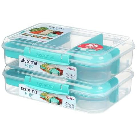 Sistema® Bento Create To Go™ 6-Cup Food Storage Container Bento Box with Lid and Dividers, 2 pack, Minty Teal Cover