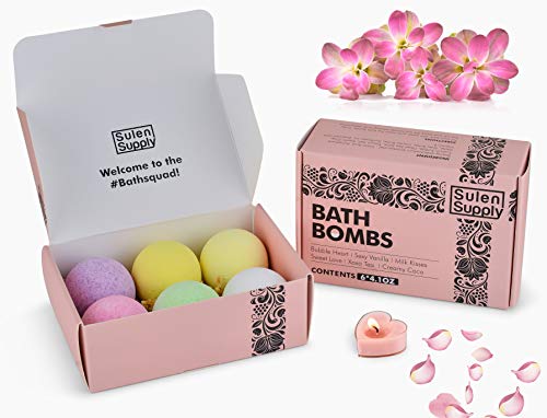 Sulen Supply Organic Bath Bombs with Shea butter, Vitamin E, Cocoa butter and Dead sea salt to relax, beautify and moisturize body & skin. Oil scented Lavender, Vanilla, Coconut, Roses, Tea tree, Milk