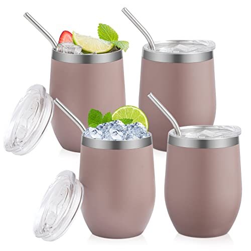 RHtvrll 4 Stück Weinbecher Edelstahl 12 Oz/ 350ml Thermobecher Travel Mug mit Deckel und Strohhalm Kaffeebecher Vakuumisolierter Tasse für Champagner Kaffee Weingläser aus Edelstahl