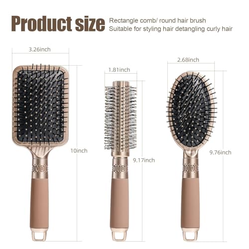 Image of FWQPRA Hair Brush for Women and Men, 3Pcs Paddle Brush Detangling Brush Hair Comb Set for Long Thick Thin Curly Hair, Hairbrush Great On Wet or Dry,(Gold)