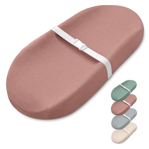 Image of Blissful Diary Muslin Baby Changing Pad with Waterproof Lining Foam, Diaper Changing Table Pad with Cover for Dressers (Dusty Pink, Avocado)
