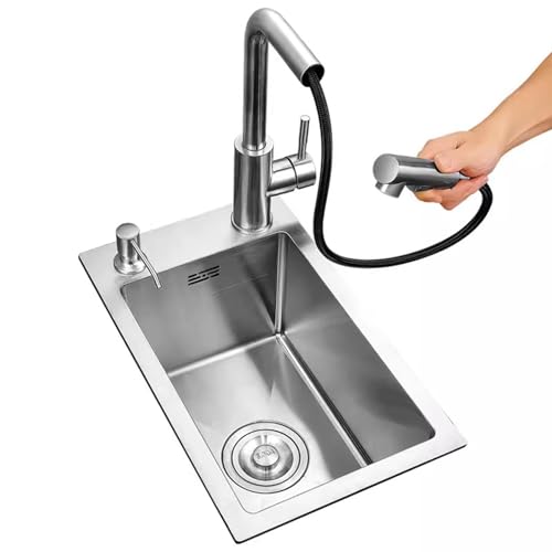 FIVIXIL Lava-louça de cozinha lava-louças de bar 304 lava-louças de aço inoxidável de peito único com torneira removível, dispensador de sabão, cesta telescópica (38 * 46 * 22 cm, prateado)