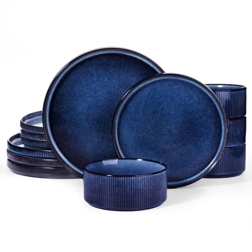 Image of Famiware Star 12-Piece Stoneware Dinnerware Sets for 4, Reactive Glaze Plates and Bowls, Modern Rustic Dishes for Everyday & Formal Use, Chip /Scratch Resistant, Microwave /Dishwasher Safe, Nebulas Blue