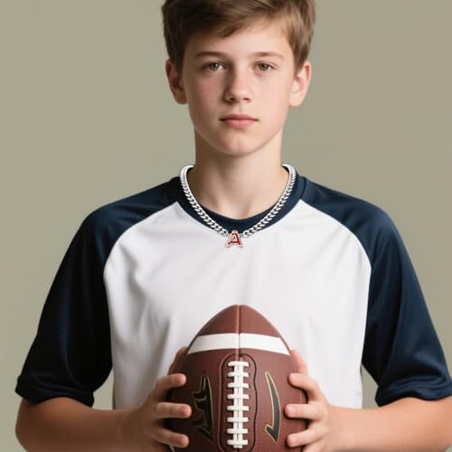 Football Necklaces for Boys Stainless Steel Initial Necklace with Letter A-Z 6.5mm Cuban Chain Gifts for Him Boys Men Teens 16+2 Inches